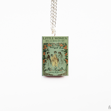 Book necklace with 'Little Women' design on a white background