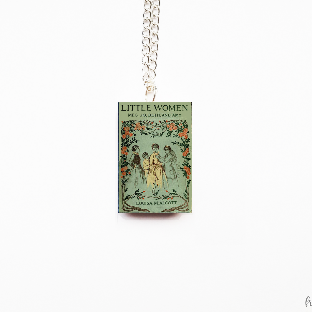 Book necklace with 'Little Women' design on a white background