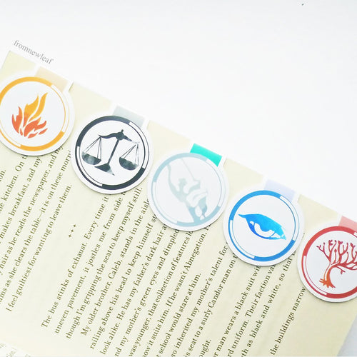 Five Divergent Factions Magnetic Bookmarks on book page - fromnewleaf