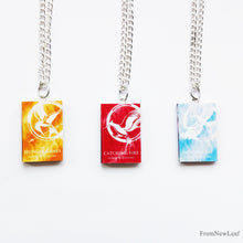 Load image into Gallery viewer, The Hunger Games, Catching Fire, Mockingjay Flaming Edition Miniature Book Necklace 